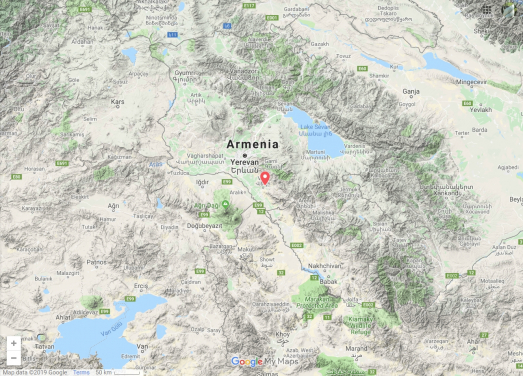The site of Vedi Fortress is located near the town of Vedi, south of the Armenian capital of Yerevan. (source: Google Map)